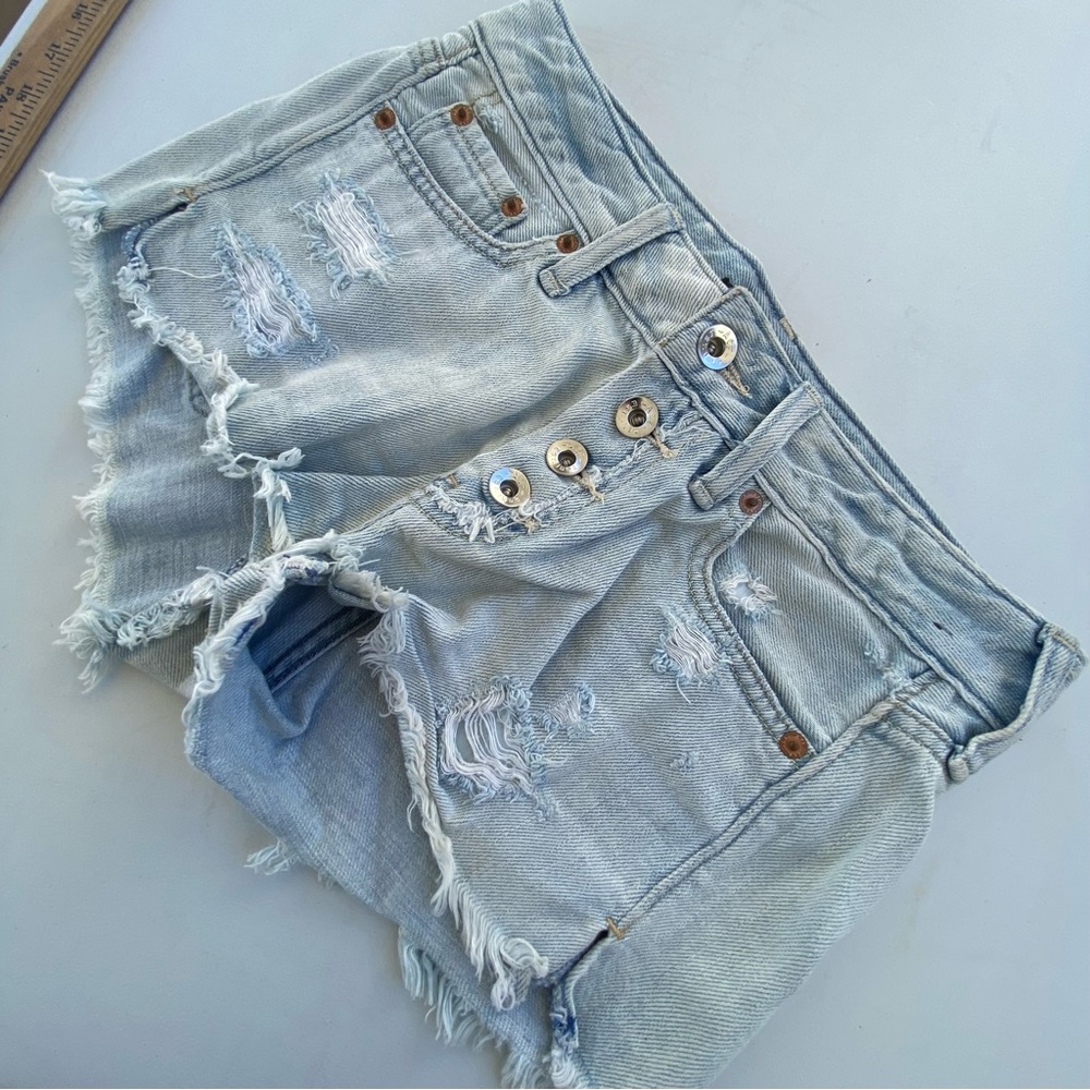 Abercrombie Fitch Shorts Womens 3 4 Blue Cut Off Distressed Button Fly Low Rise